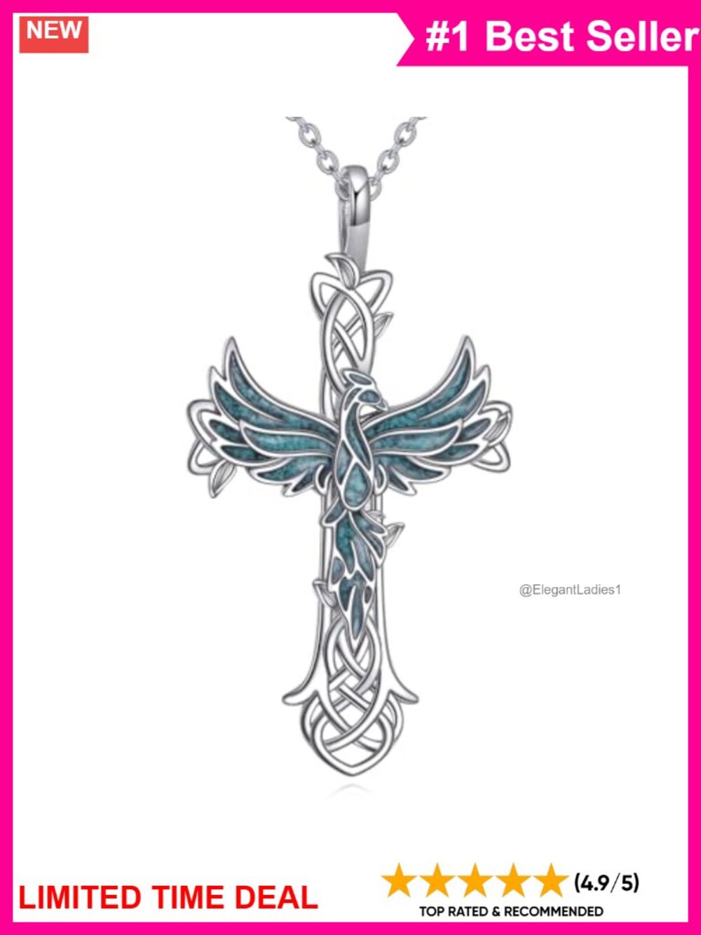 S925 Sterling Silver Cross Phoenix Pendant Necklace Religious Gift